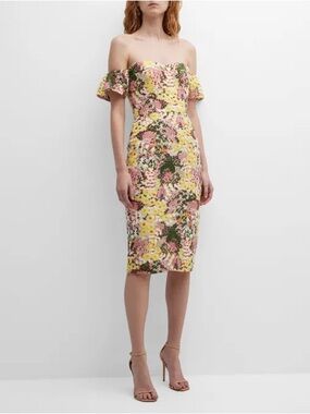 NWT Dress the Population Tara Off-Shoulder Floral-Embroidered Midi Dress